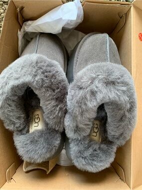 UGG Gray Suede Shearling Cuff Slip-Ons